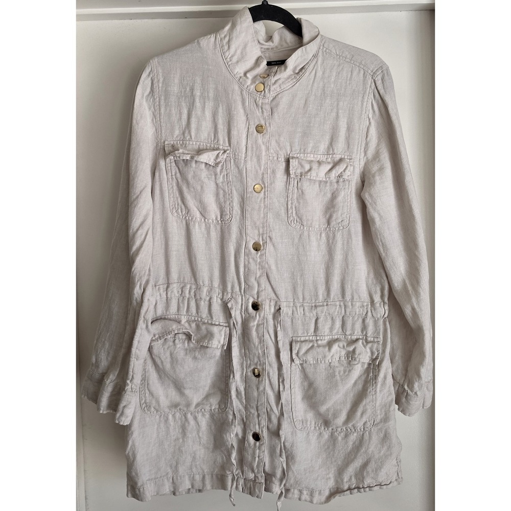 Jones & Co Women Linen Jacket Size S Beige Solid Long Sleeve Casual Coat Blazer